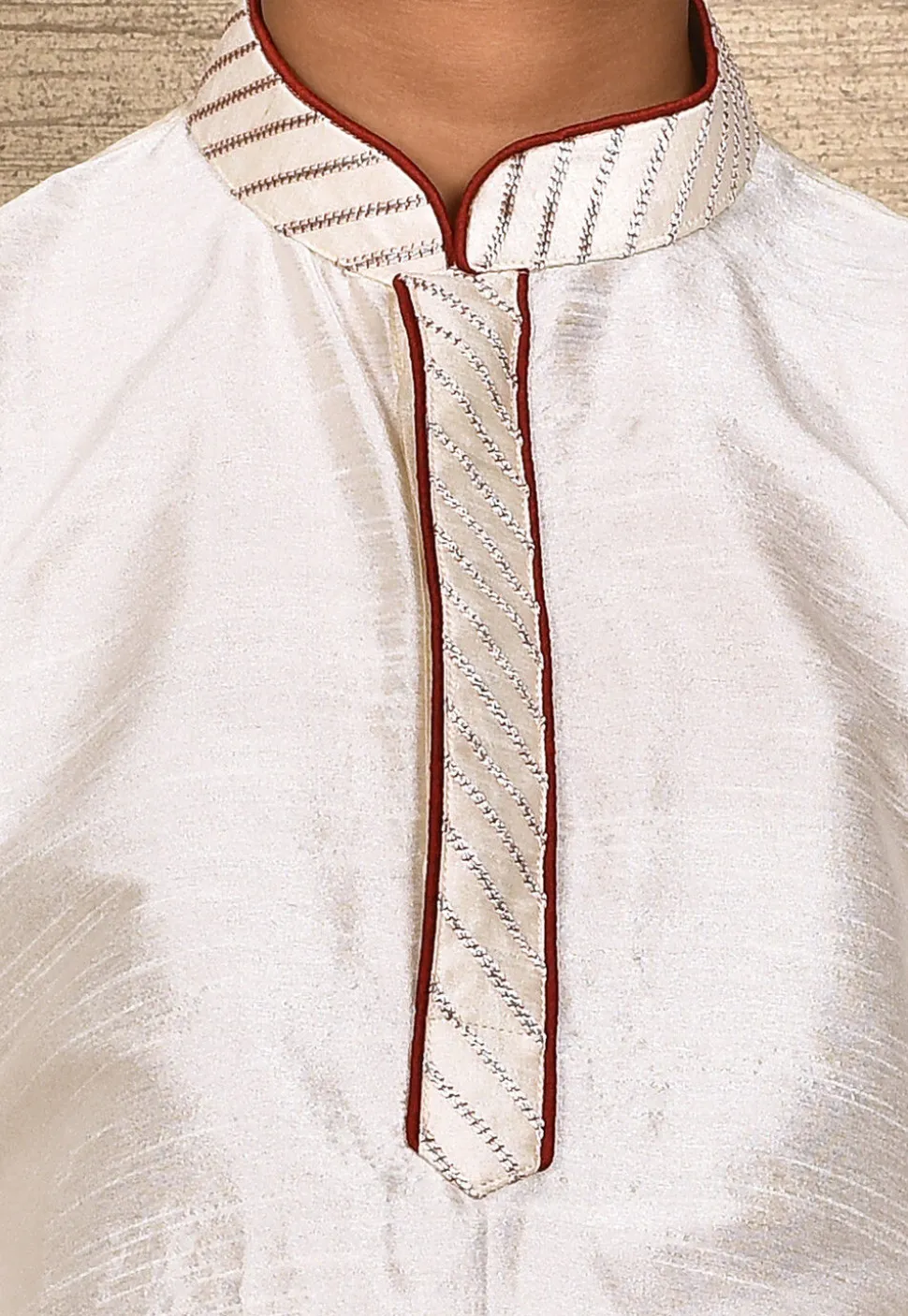 Embroidered Placket Dupion Silk Kurta Set in White