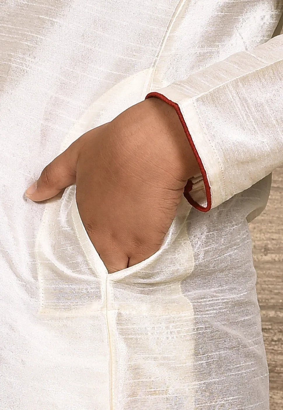 Embroidered Placket Dupion Silk Kurta Set in White