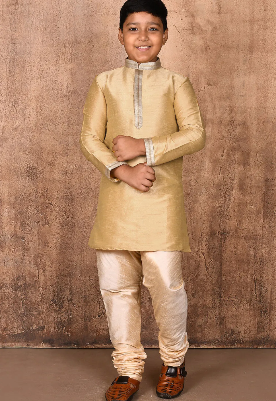 Embroidered Placket Dupion Silk Kurta in Beige