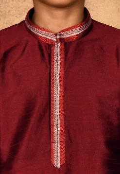 Embroidered Placket Dupion Silk Kurta Set in Maroon
