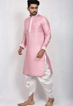 Embroidered Placket Dupion Silk Dhoti Kurta in Pink