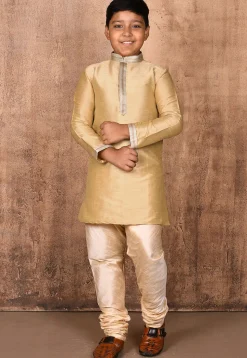 Embroidered Placket Dupion Silk Kurta Set in Beige
