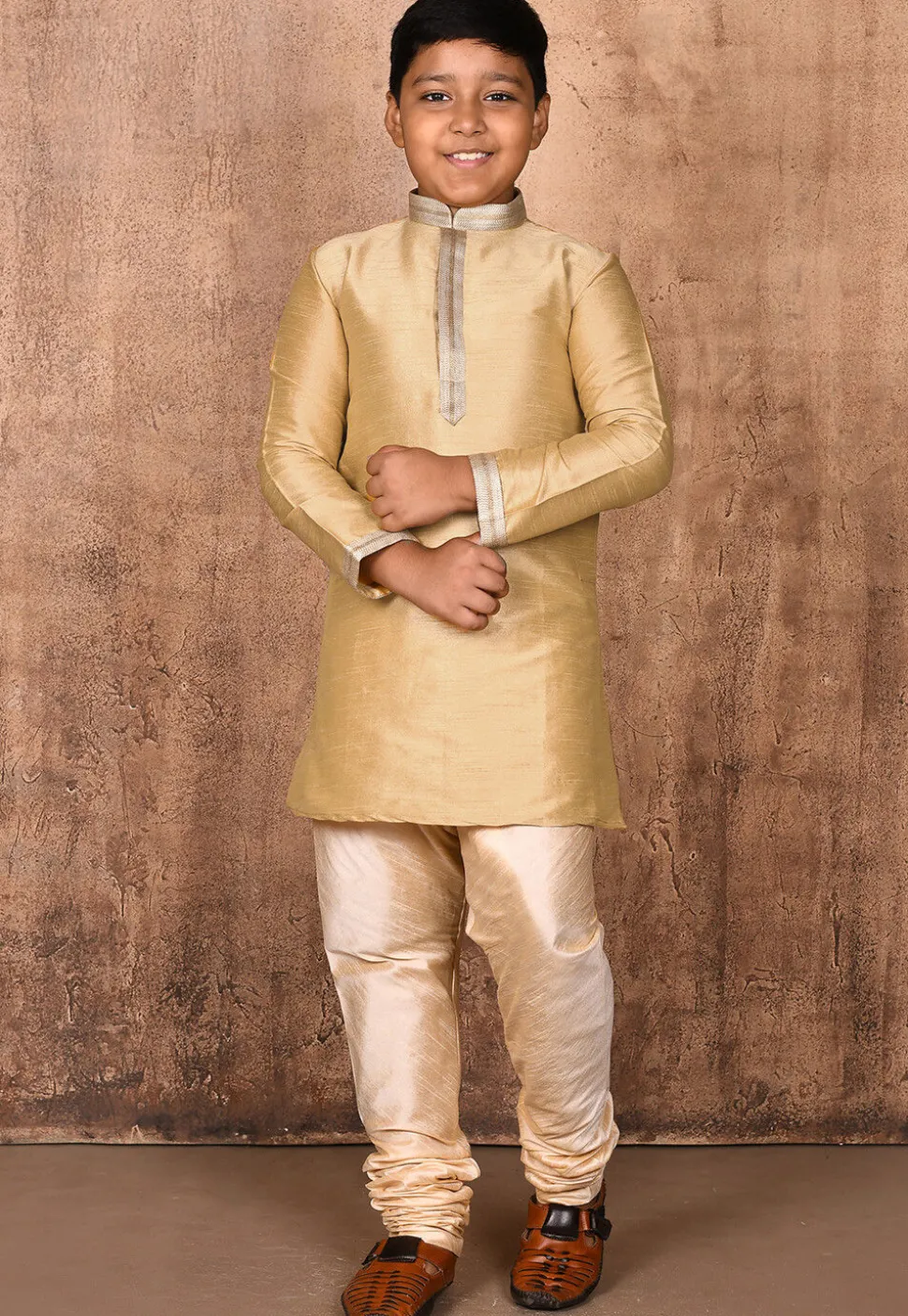 Embroidered Placket Dupion Silk Kurta Set in Beige