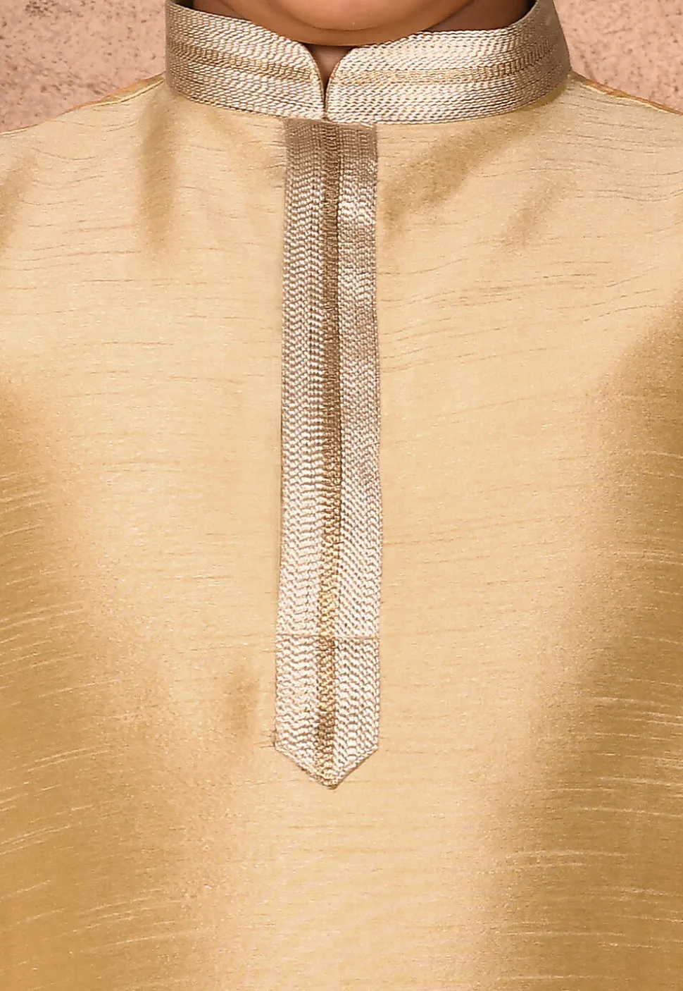 Embroidered Placket Dupion Silk Kurta Set in Beige