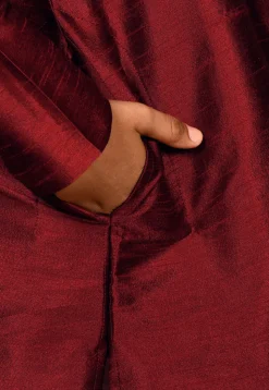 Embroidered Placket Dupion Silk Kurta in Maroon