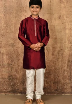 Embroidered Placket Dupion Silk Kurta in Maroon