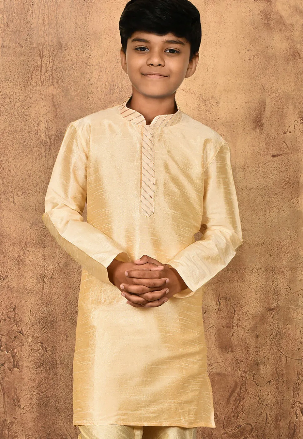 Embroidered Placket Dupion Silk Kurta in Light Beige