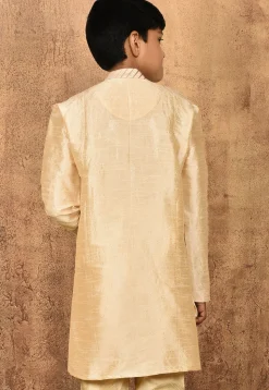 Embroidered Placket Dupion Silk Kurta in Light Beige
