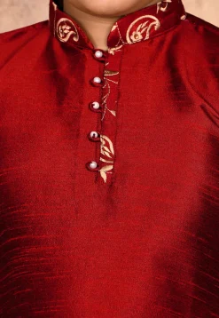 Embroidered Placket Dupion Silk Kurta in Maroon