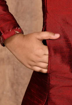 Embroidered Placket Dupion Silk Kurta in Maroon