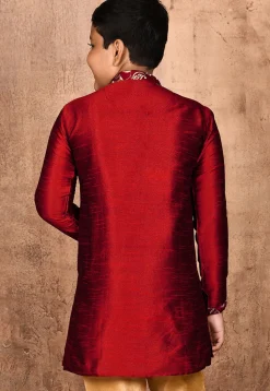 Embroidered Placket Dupion Silk Kurta in Maroon