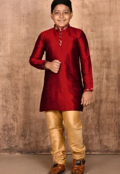 Embroidered Placket Dupion Silk Kurta in Maroon