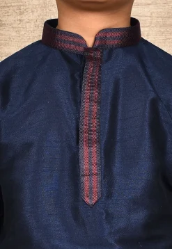Embroidered Placket Dupion Silk Kurta in Navy Blue