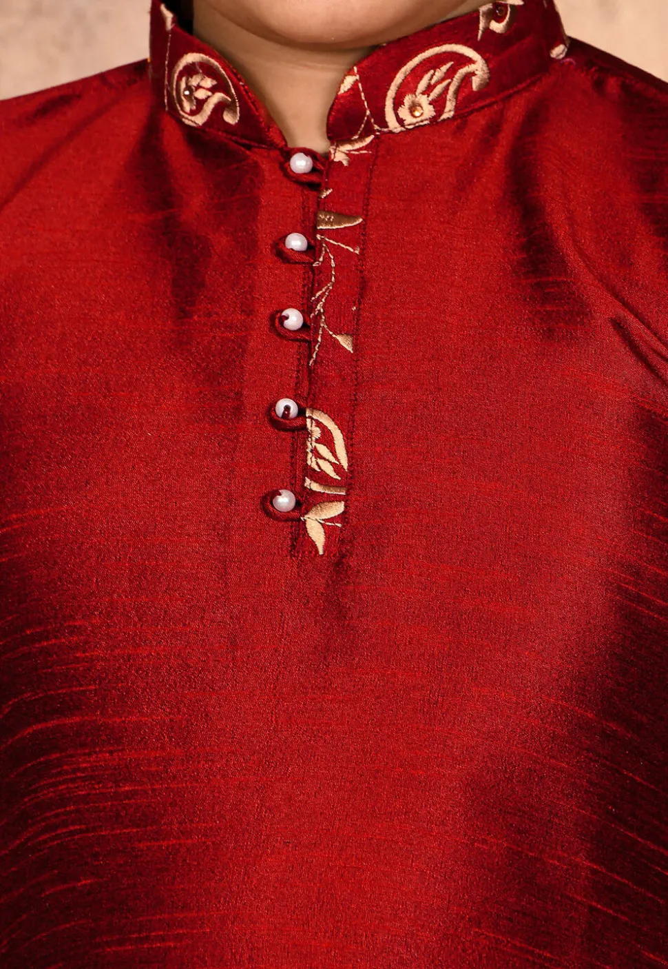 Embroidered Placket Dupion Silk Kurta Set in Maroon