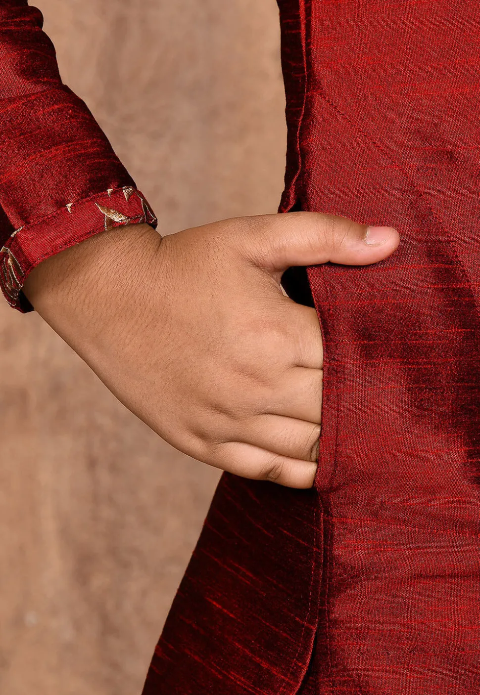 Embroidered Placket Dupion Silk Kurta Set in Maroon