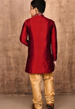 Embroidered Placket Dupion Silk Kurta Set in Maroon