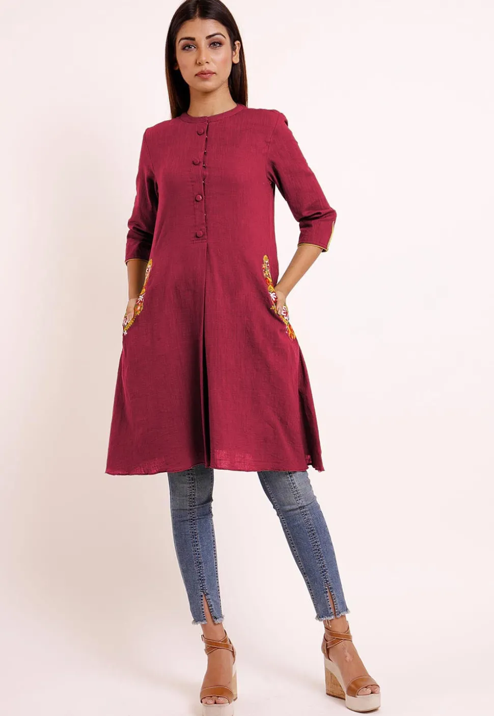 Embroidered Pocket Cotton Slub A Line Pleated Kurti in Magenta