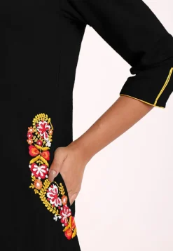 Embroidered Pocket Cotton Slub A Line Pleated Kurti in Black