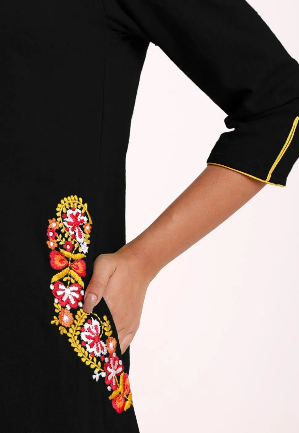 Embroidered Pocket Cotton Slub A Line Pleated Kurti in Black