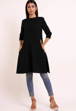Embroidered Pocket Cotton Slub A Line Pleated Kurti in Black