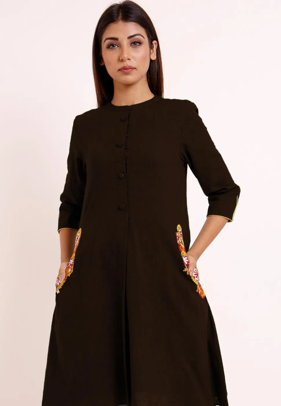 Embroidered Pocket Cotton Slub A Line Pleated Kurti in Dark Brown