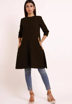 Embroidered Pocket Cotton Slub A Line Pleated Kurti in Dark Brown