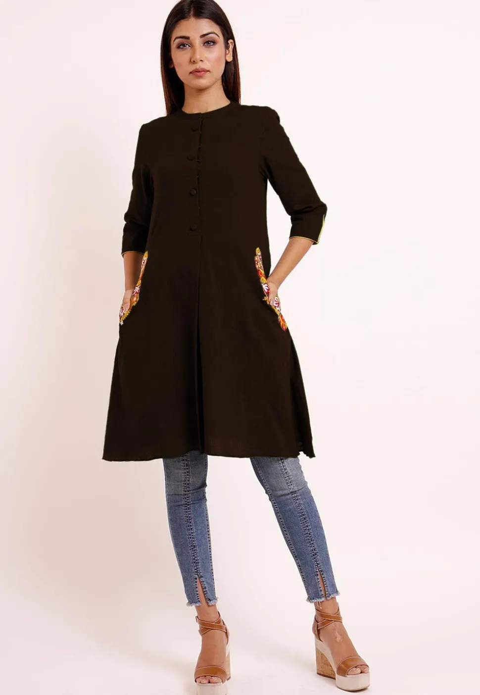 Embroidered Pocket Cotton Slub A Line Pleated Kurti in Dark Brown