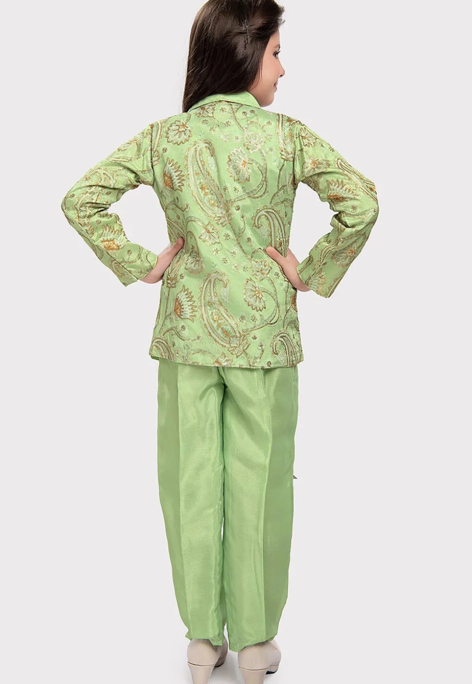Embroidered Polyester Crop Top Set with Jacket in Light Green
