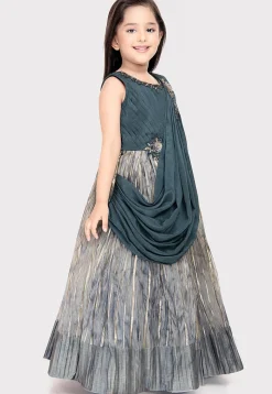 Embroidered Polyester Gown with attached Dupatta in Dusty Blue and Grey