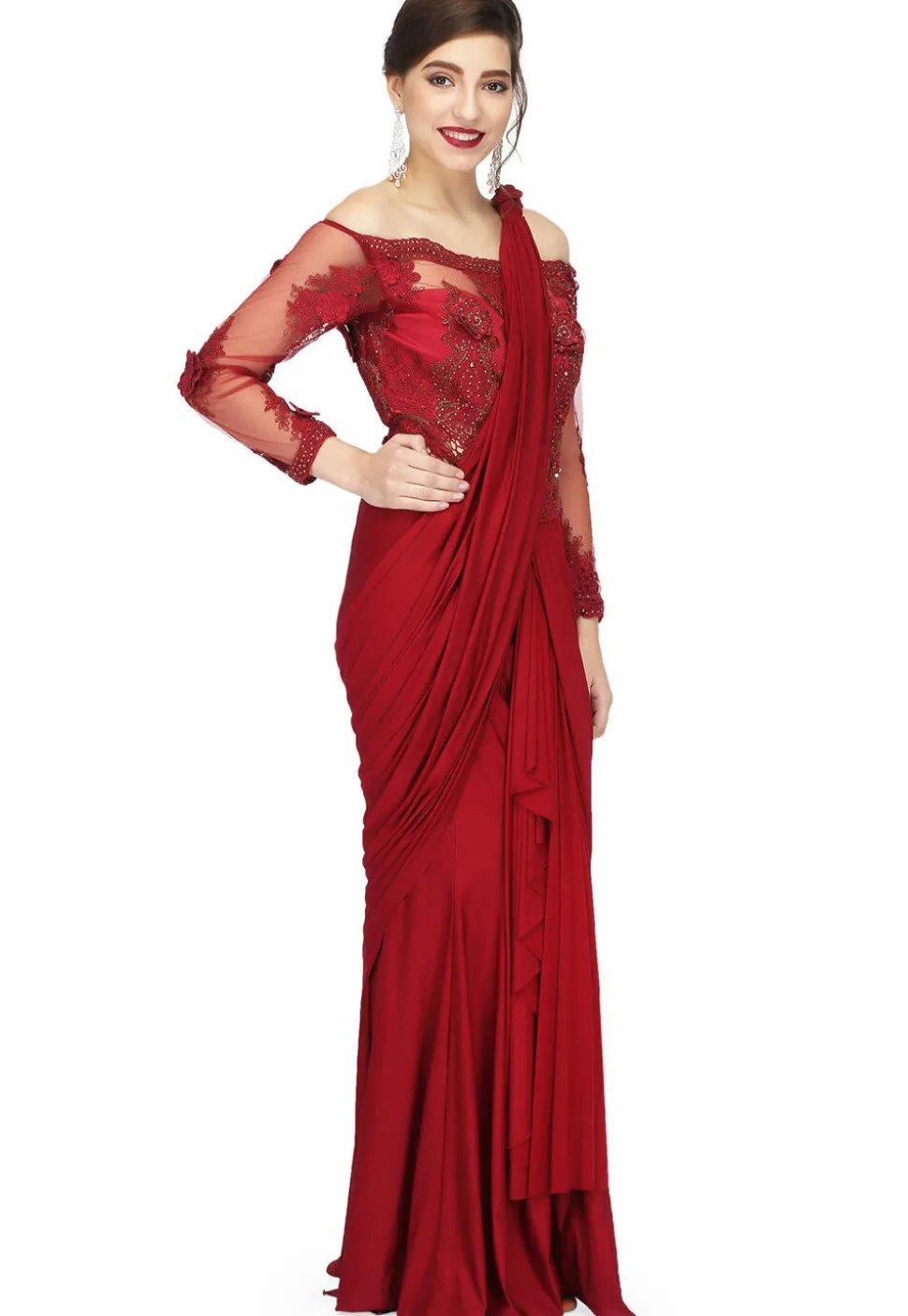 Embroidered Polyester Gown with attached Dupatta in Maroon