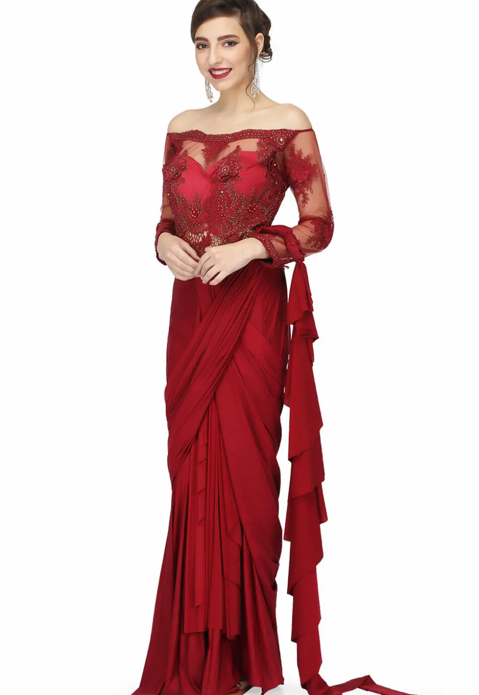 Embroidered Polyester Gown with attached Dupatta in Maroon