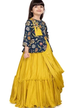Embroidered Polyester Jacquard Gown in Blue and Mustard