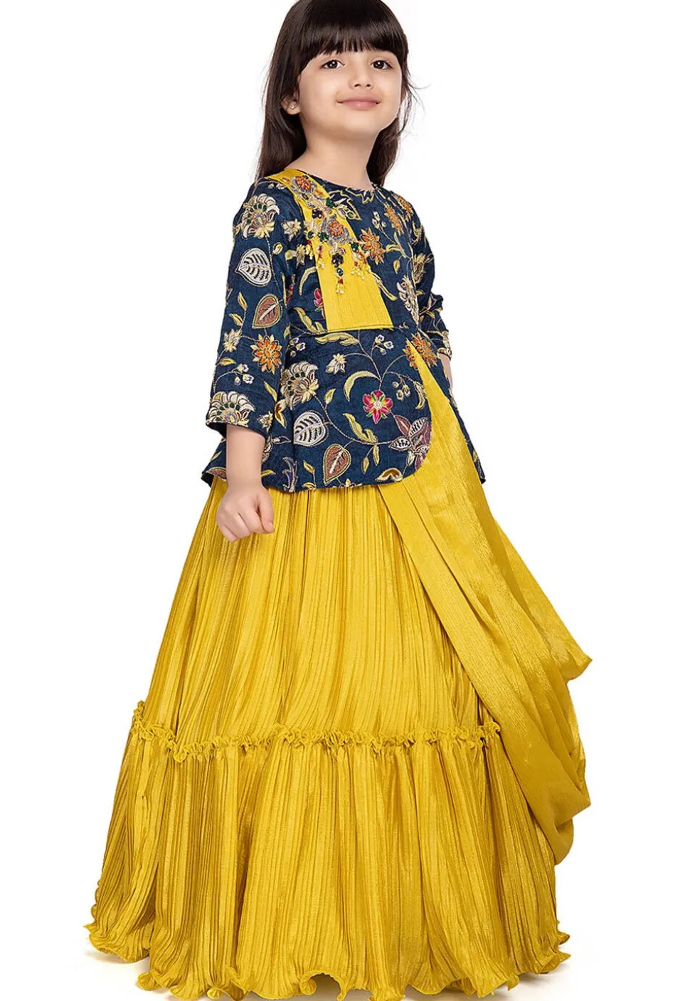 Embroidered Polyester Jacquard Gown in Blue and Mustard