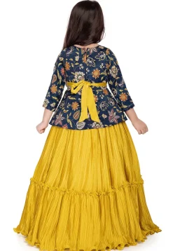 Embroidered Polyester Jacquard Gown in Blue and Mustard