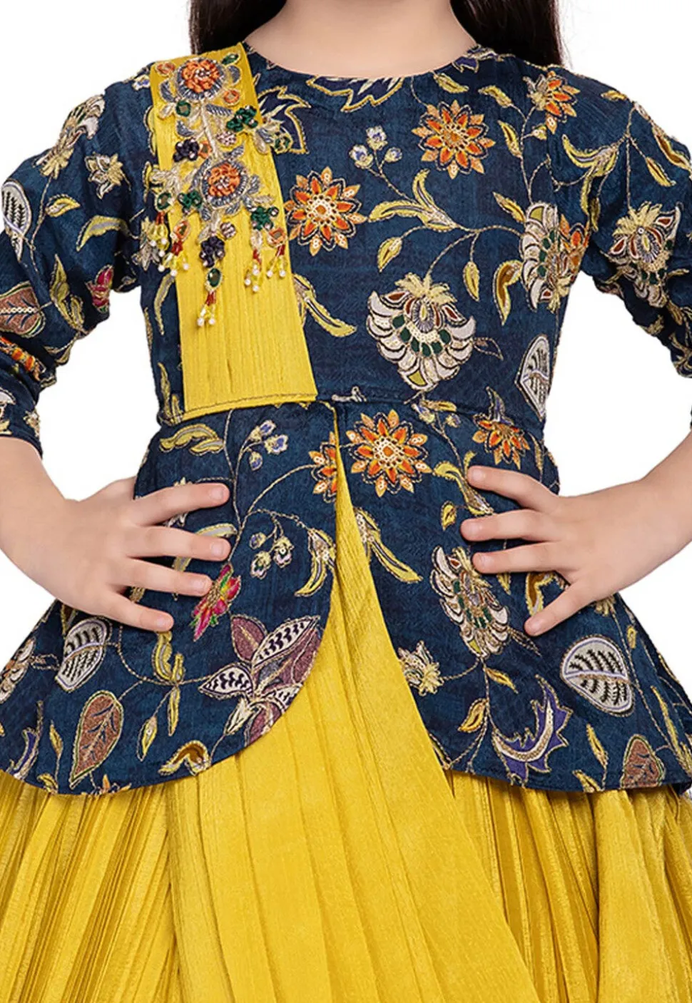 Embroidered Polyester Jacquard Gown in Blue and Mustard