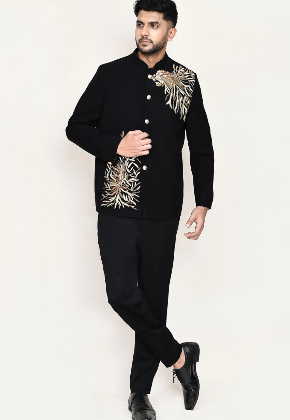 Embroidered Polyester Jodhpuri Suit in Black