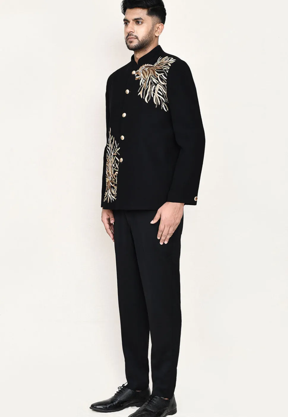 Embroidered Polyester Jodhpuri Suit in Black