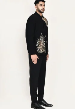 Embroidered Polyester Jodhpuri Suit in Black