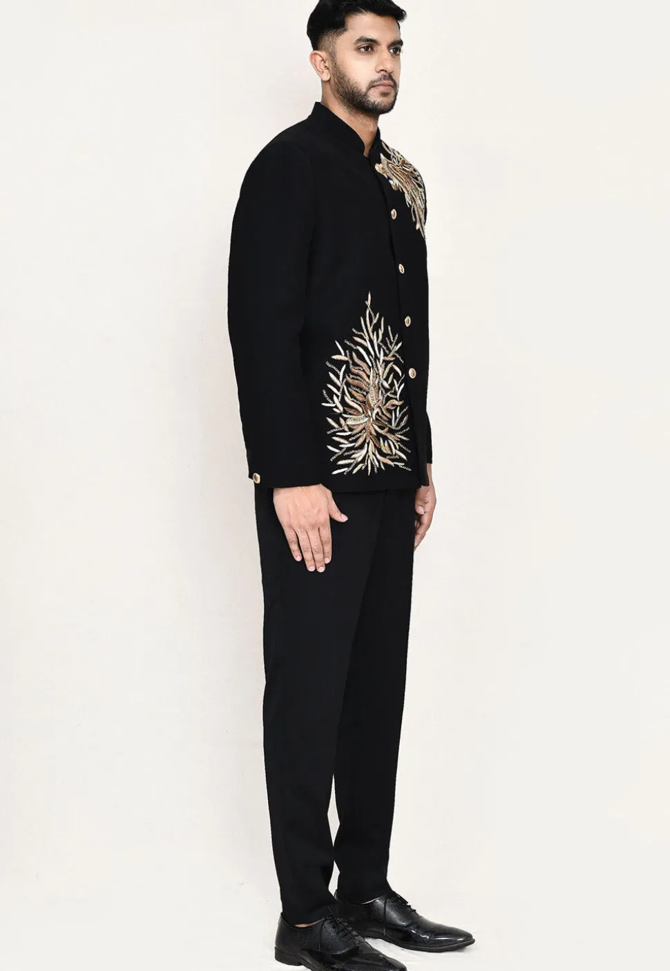 Embroidered Polyester Jodhpuri Suit in Black