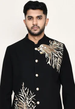 Embroidered Polyester Jodhpuri Suit in Black