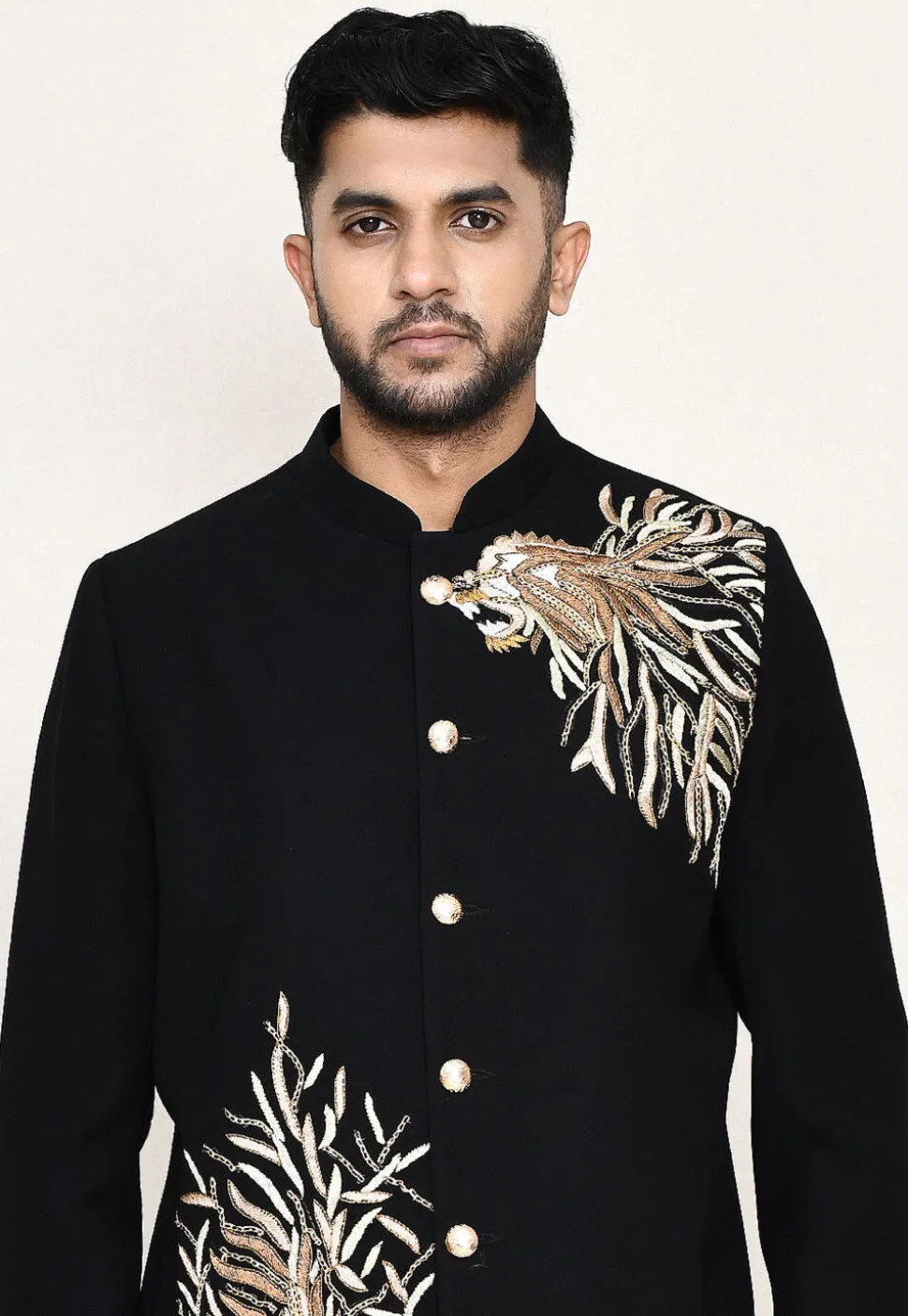 Embroidered Polyester Jodhpuri Suit in Black