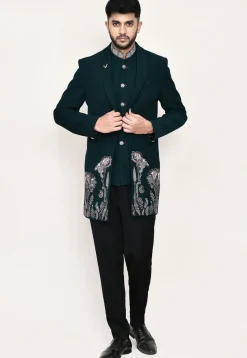 Embroidered Polyester Jodhpuri Suit in Teal Green