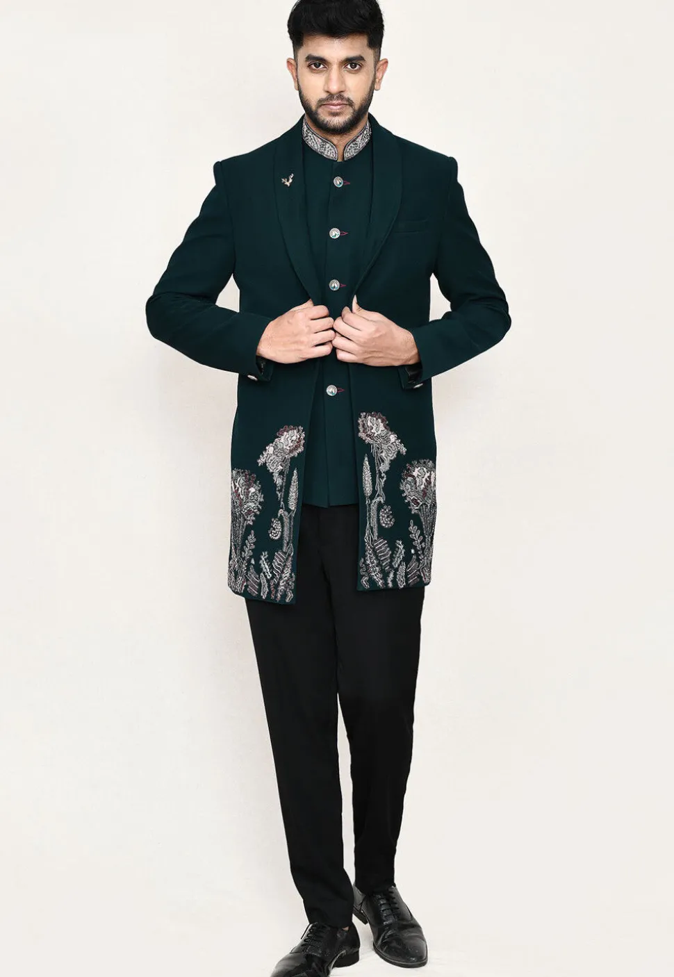Embroidered Polyester Jodhpuri Suit in Teal Green