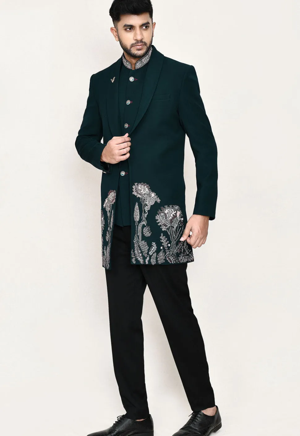 Embroidered Polyester Jodhpuri Suit in Teal Green