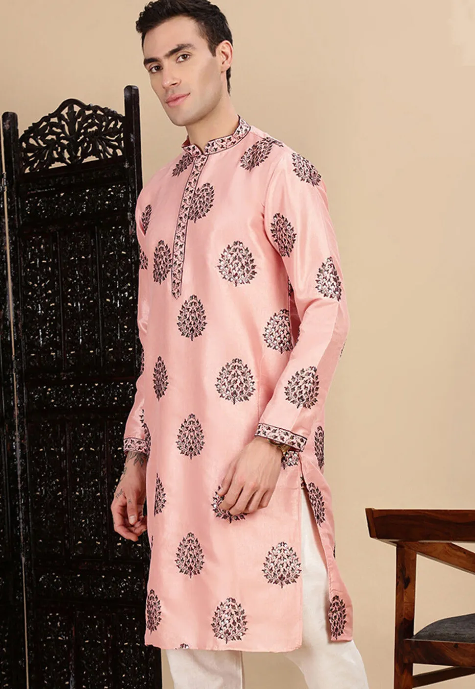 Embroidered Polyester Kurta in Peach