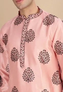 Embroidered Polyester Kurta in Peach