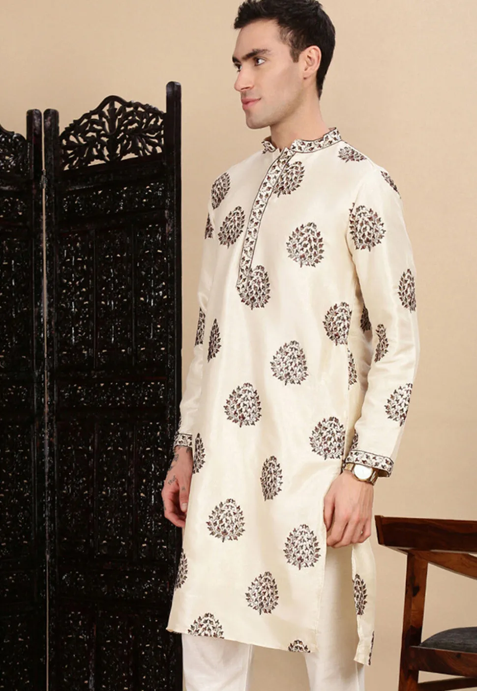 Embroidered Polyester Kurta in Light Beige