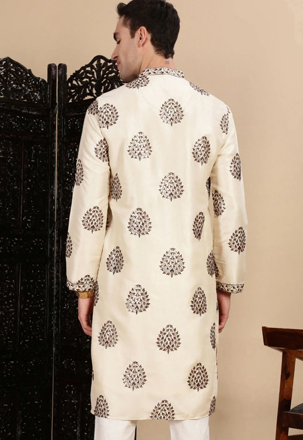 Embroidered Polyester Kurta in Light Beige