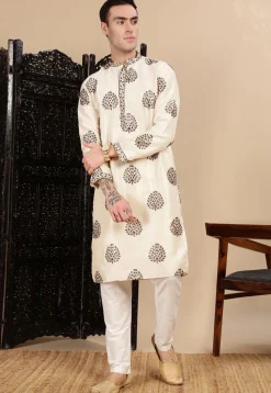 Embroidered Polyester Kurta in Light Beige