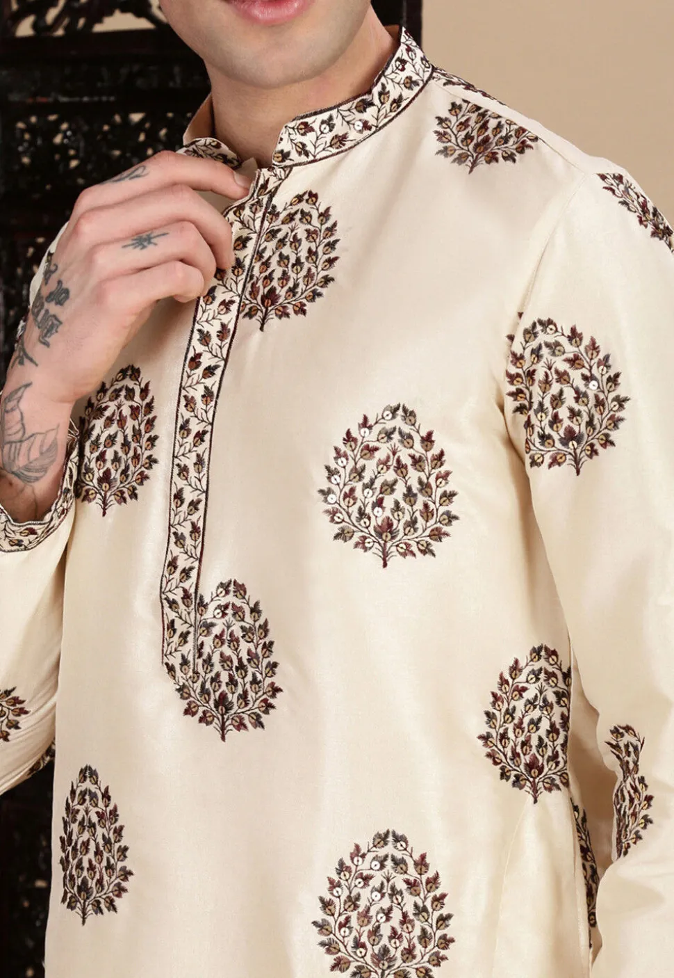 Embroidered Polyester Kurta in Light Beige